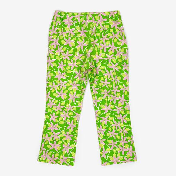 Lilly Pulitzer Floral Pants Size 2 Green Pink Cotton Blend Pockets Cropped - Picture 2 of 2